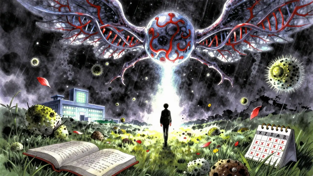 A person walking through a storm of allergens, shielded by a celestial biologic molecule, with a diary on the ground.