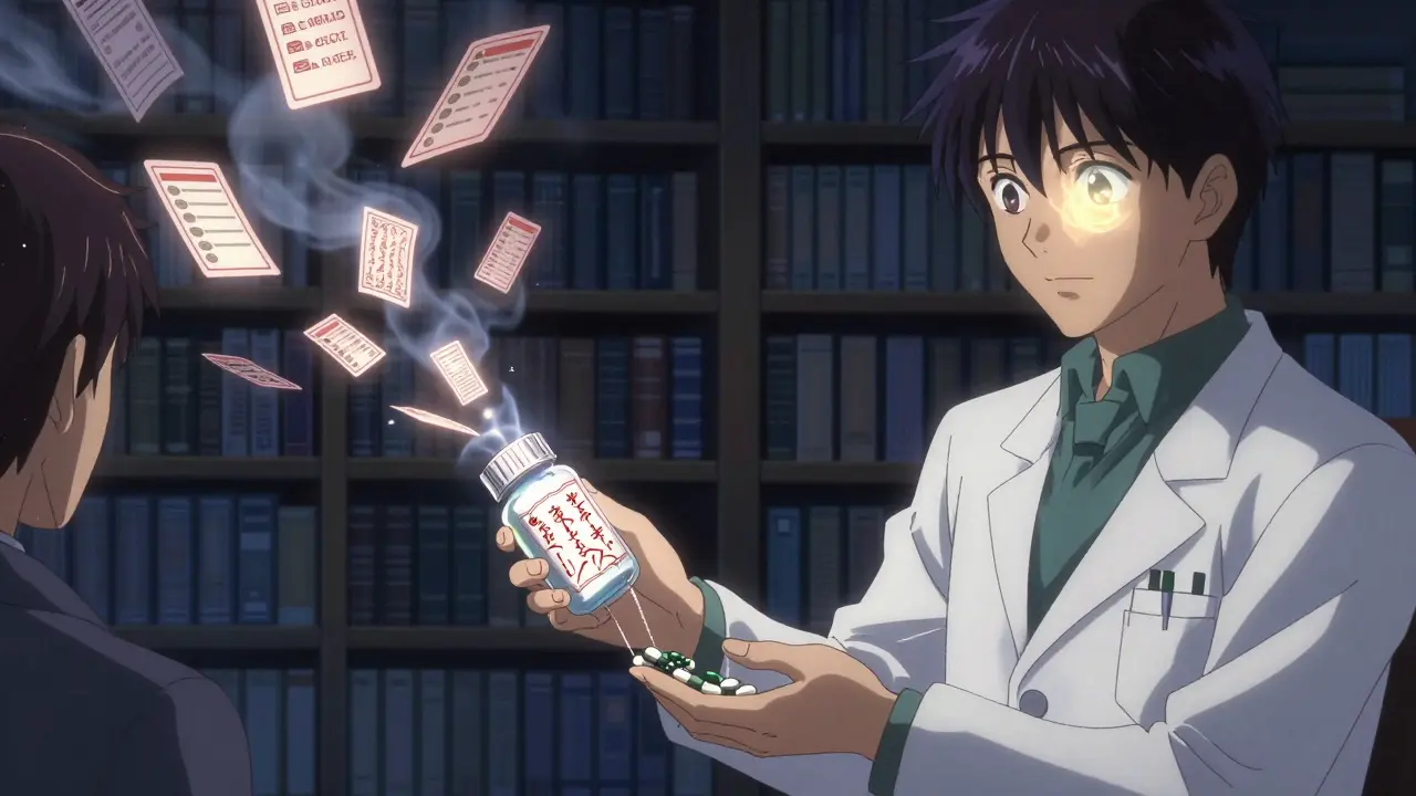 A pharmacist and patient exchange a pill bottle connected by glowing ingredient runes.