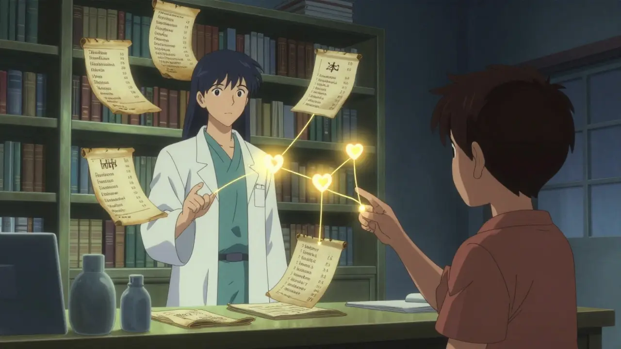 A pharmacist stands before a glowing shelf of multilingual handouts, golden threads connecting to hearts symbolizing health.