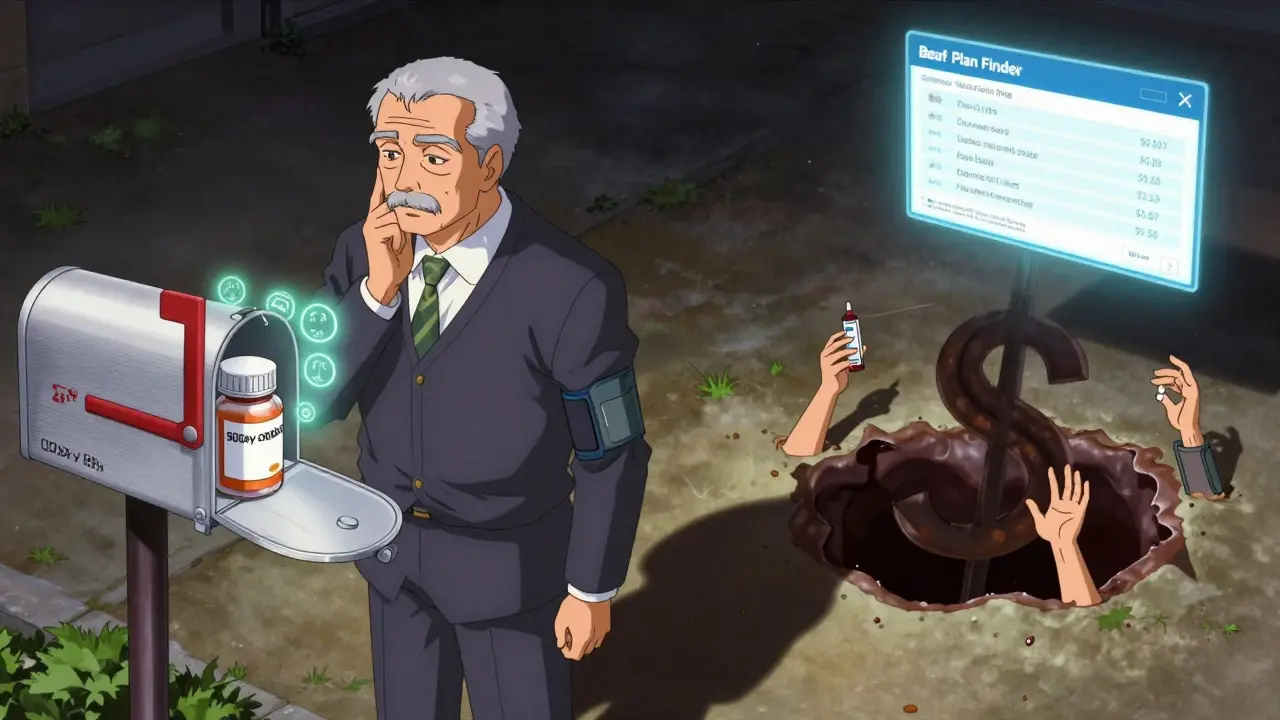 A senior man facing mail-order pills while a dark donut hole looms behind him, with a Medicare Plan Finder screen above.