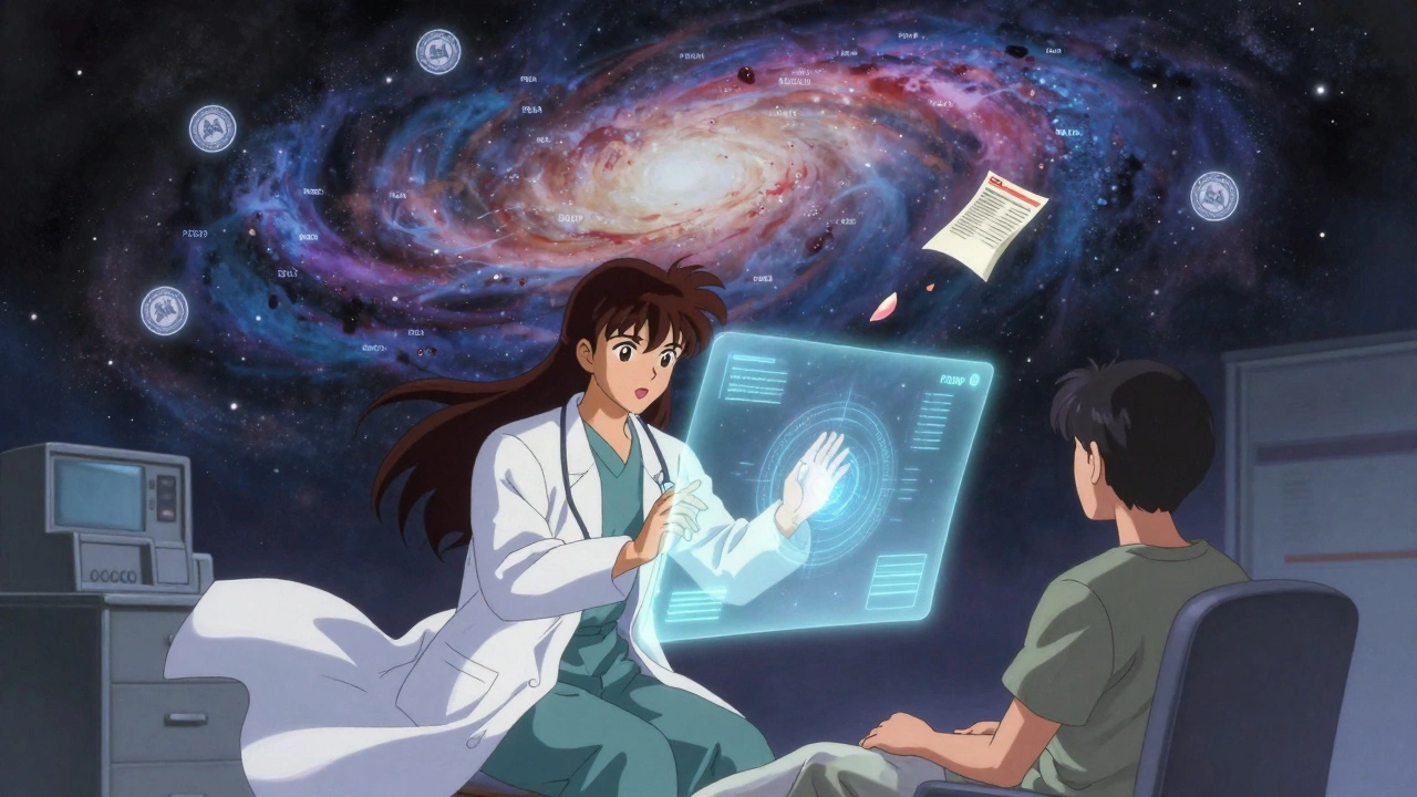 A telehealth doctor connects with a patient under a swirling galaxy of state PDMP data, with DEA seals floating like celestial guardians.