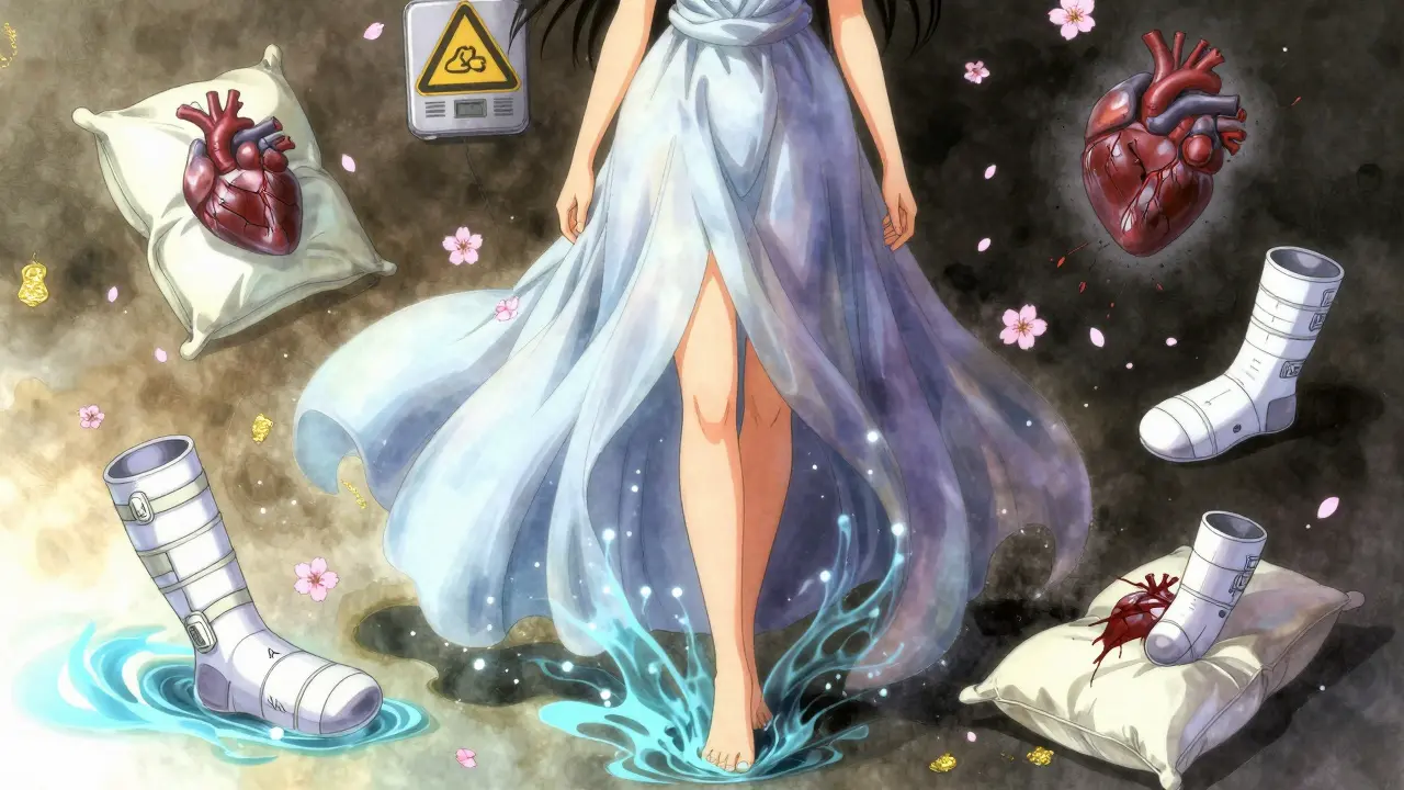 A woman caught between swollen legs and a failing heart, with compression socks and falling weight scales floating around her.