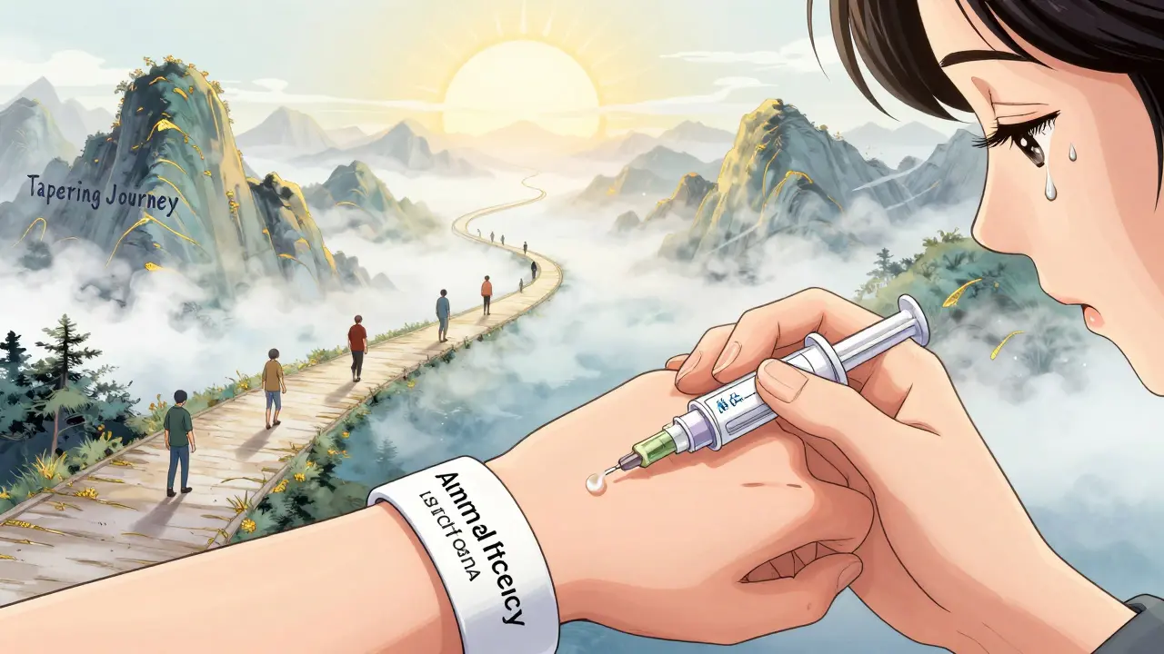 A woman holding a medical ID bracelet and emergency injector, with a symbolic path of recovery behind her.