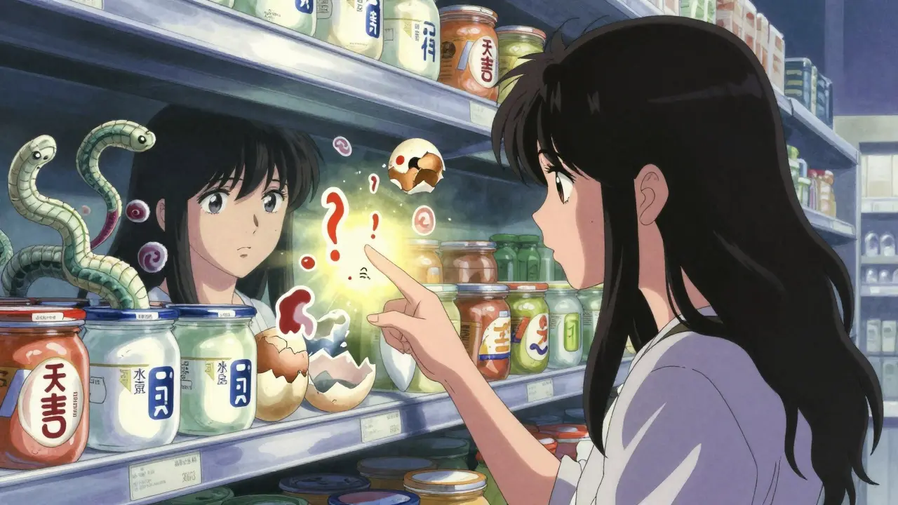 A woman sees allergens as monstrous symbols in her yogurt reflection while reading the label.