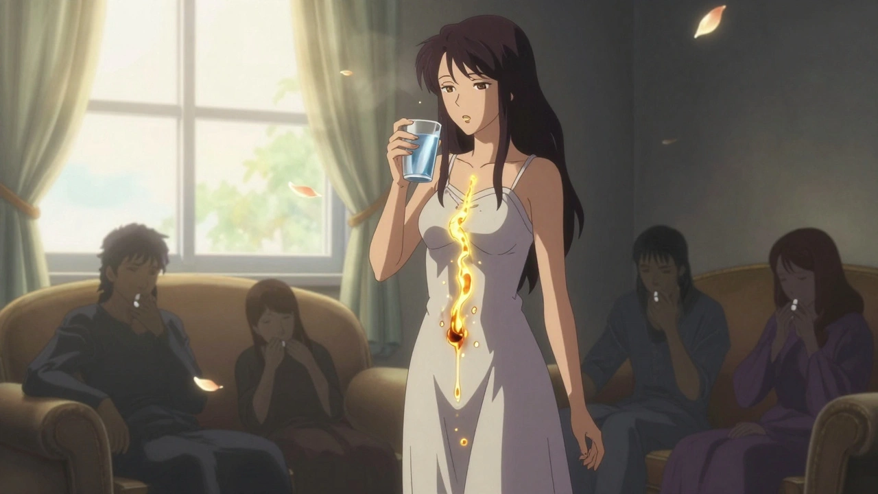 A woman standing upright drinking water with a pill, golden light streaming down her throat as shadowy figures suffer behind her.