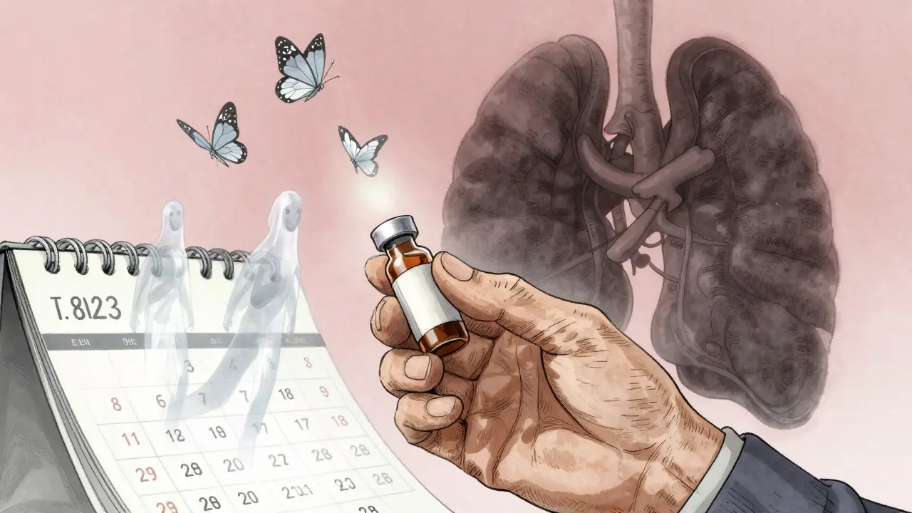 An elderly hand holding medicine as spectral doses rise like butterflies from a turning calendar.
