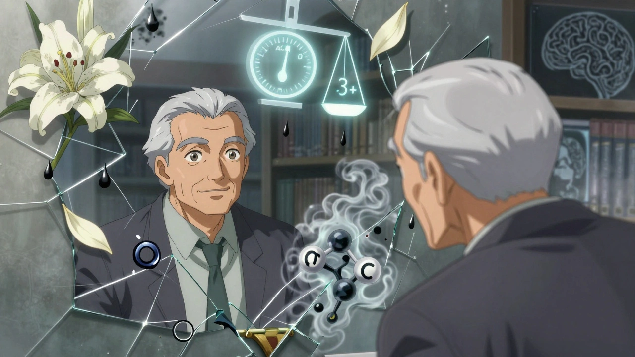 An elderly man reflected in a fractured mirror, one side healthy, the other fading, with brain scan patterns and ACB scale.