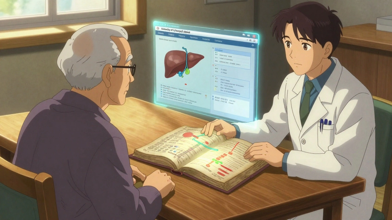 An elderly patient and doctor reviewing a glowing medical book and holographic drug interaction chart in warm, quiet light.