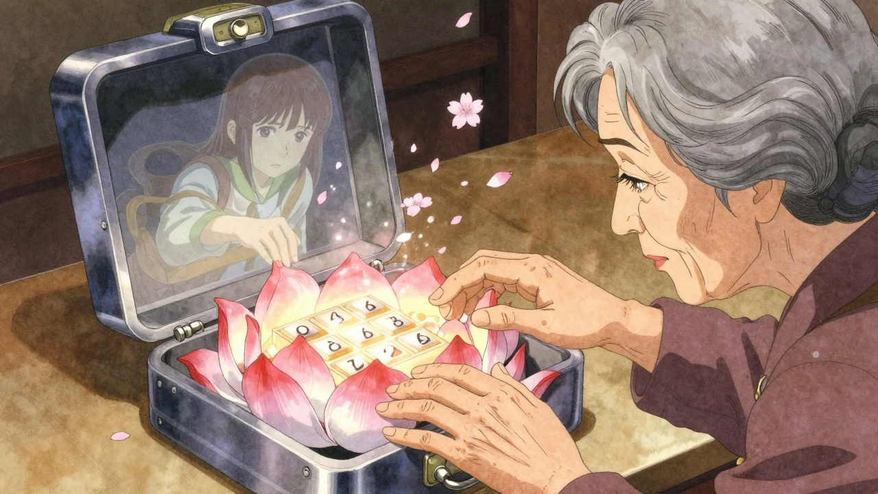 An elderly woman unlocking a lotus-shaped pill box with a code, ghostly figure dissolving into petals as she secures it.