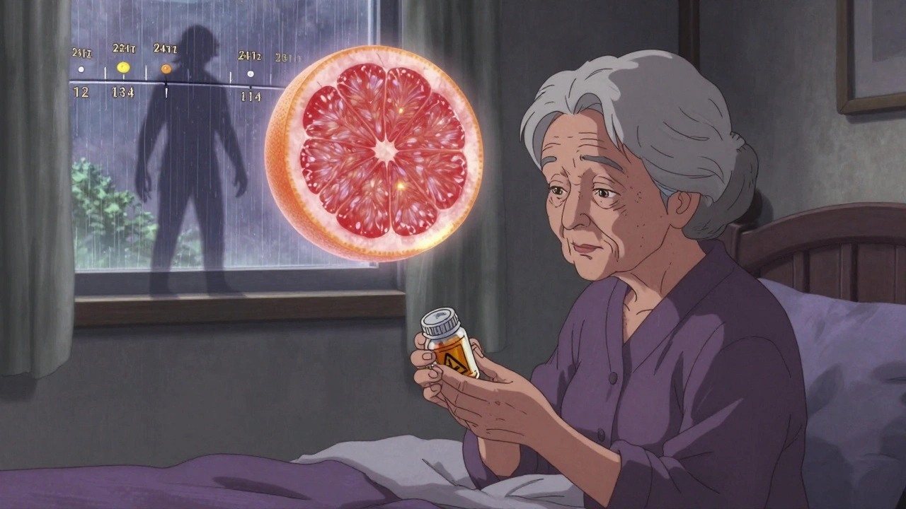 An elderly woman with a pill bottle, haunted by a spectral grapefruit spirit, in a quiet bedroom.
