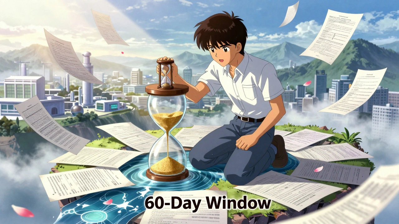 An innovator holding a golden hourglass above a river labeled &#039;60-Day Window&#039;, surrounded by floating documents.
