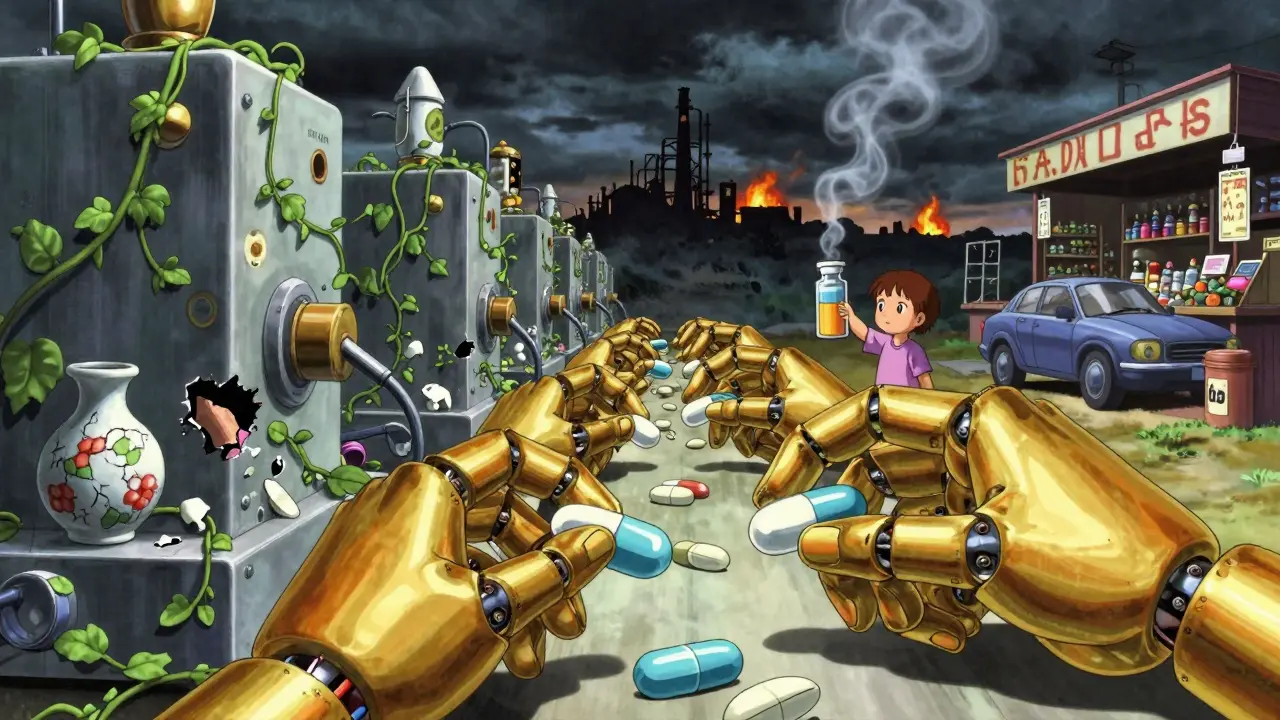 Broken pill machines overgrown with vines, a child beside a sold car, factories burning.