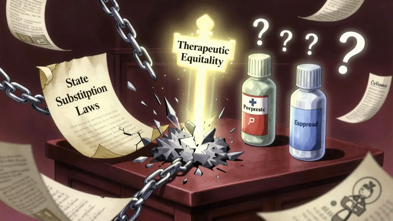 Floating legal scrolls breaking apart as a new law of therapeutic equivalence rises above identical drug devices.