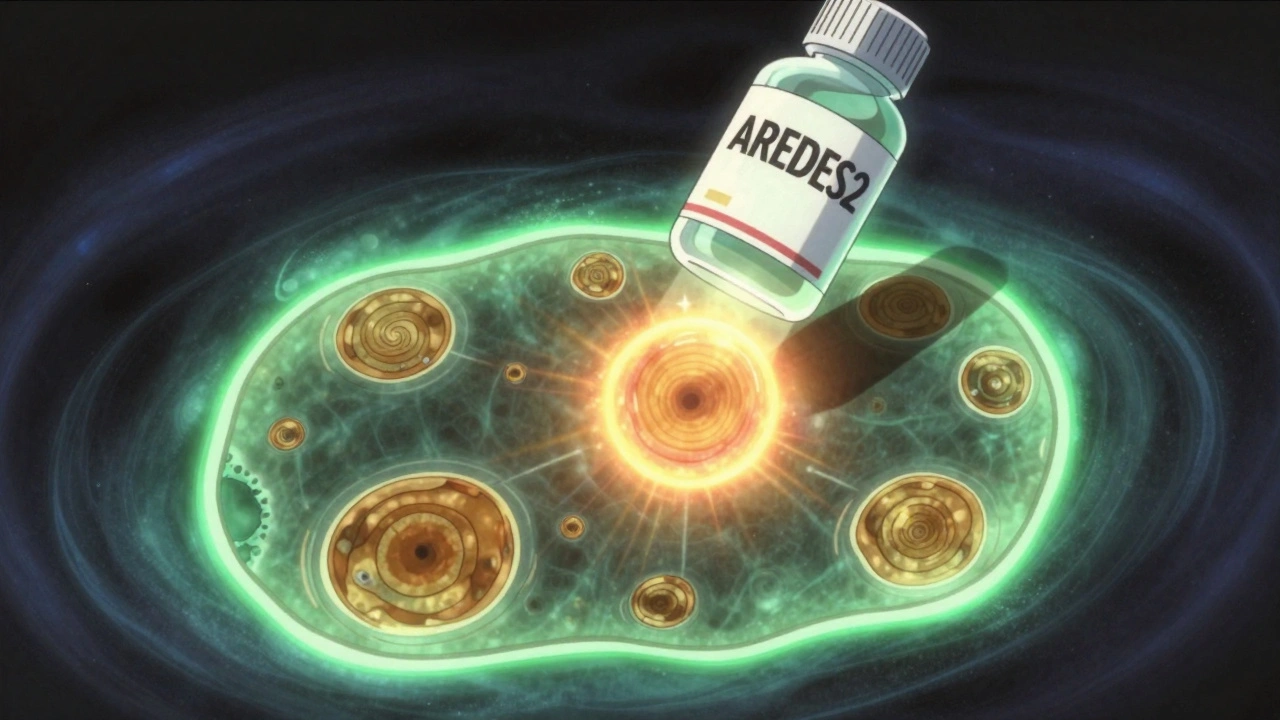 Glowing retinal map with drusen spirals, AREDS2 bottle emitting protective light against geographic atrophy.