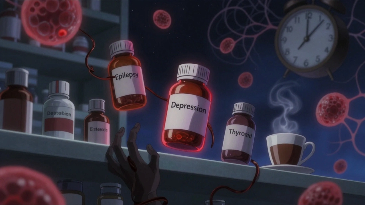 Medication bottles surrounded by coffee tendrils on a floating shelf, some glowing red with warning signs.