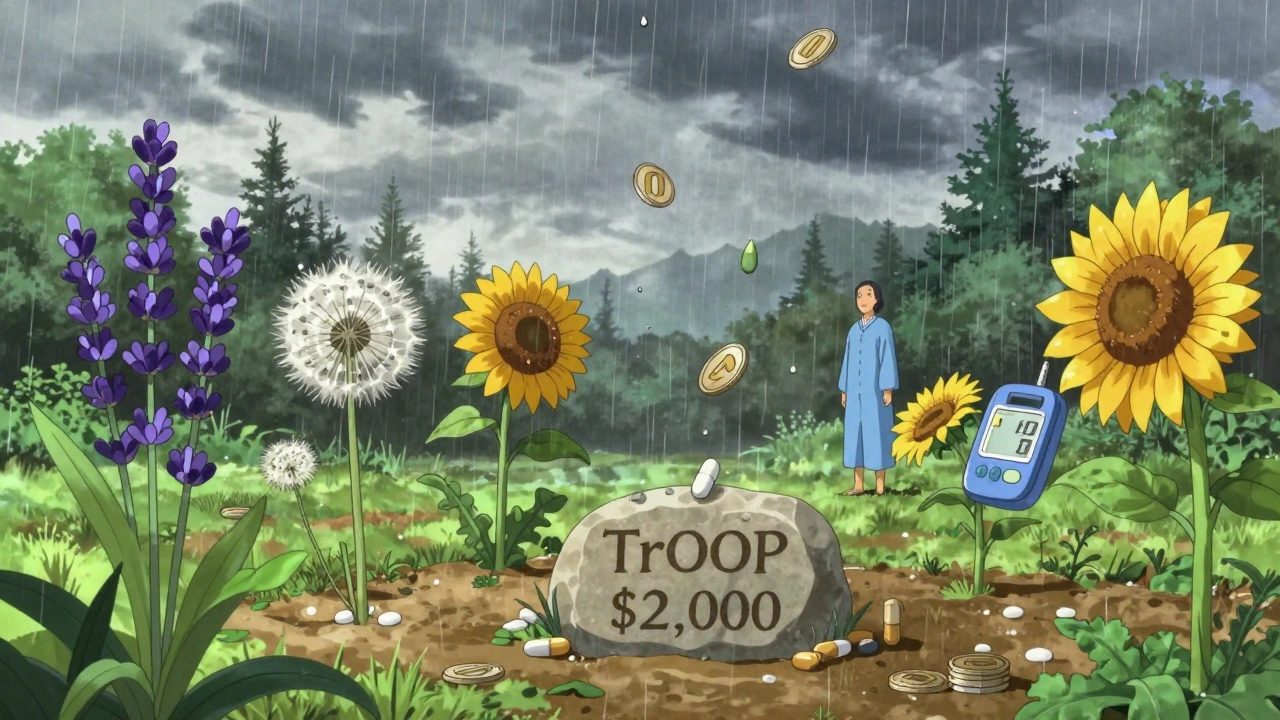 Medication flowers bloom from stone engraved with ,000 cap as zero-dollar coins fall like rain.