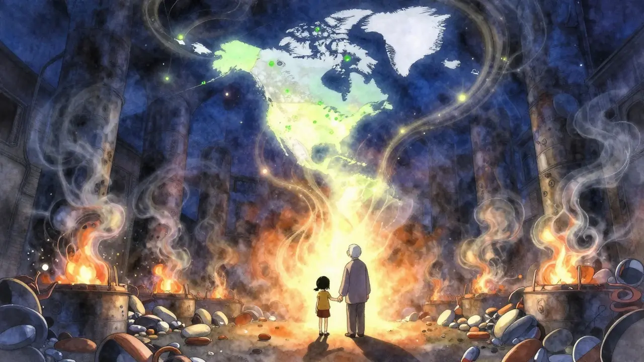 Pharmaceutical waste turning into luminous particles rising into the sky, with a glowing map of collection sites above and two figures watching below.