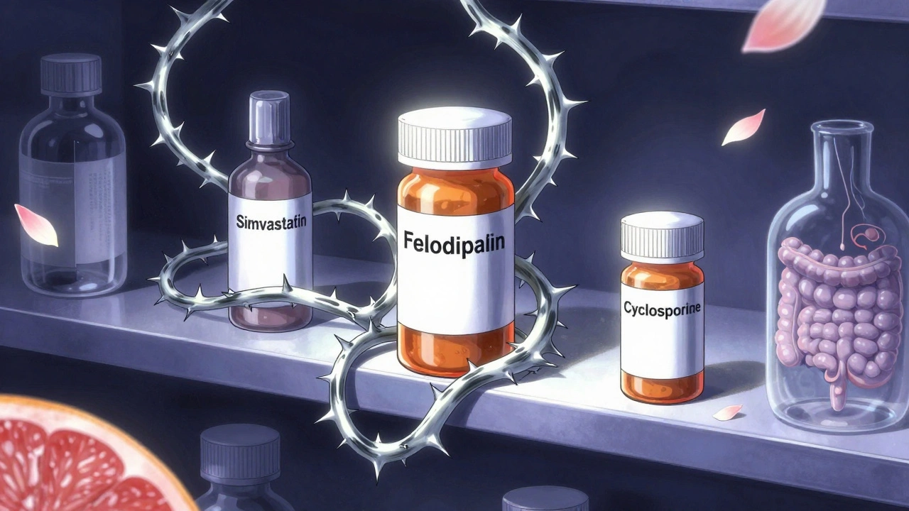 Prescription bottles wrapped in thorned grapefruit vines, with safe alternatives untouched nearby.