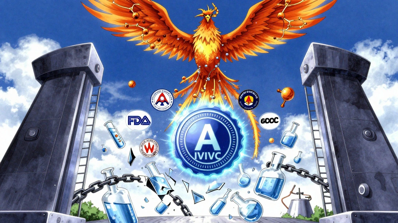 Regulatory portal with Level A IVIVC seal, shattered beakers falling as a molecular phoenix rises toward affordable medicine.