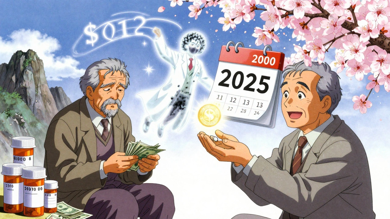 Retiree beside mountain of pills contrasts with serene scene of floating pharmacist and glowing cap.