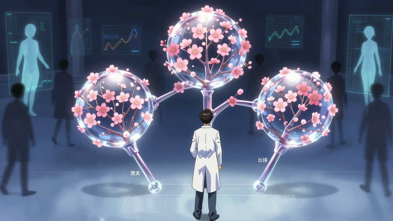 Scientist before a blooming IVIVC crystal model, with three formulation types glowing and volunteers fading away.