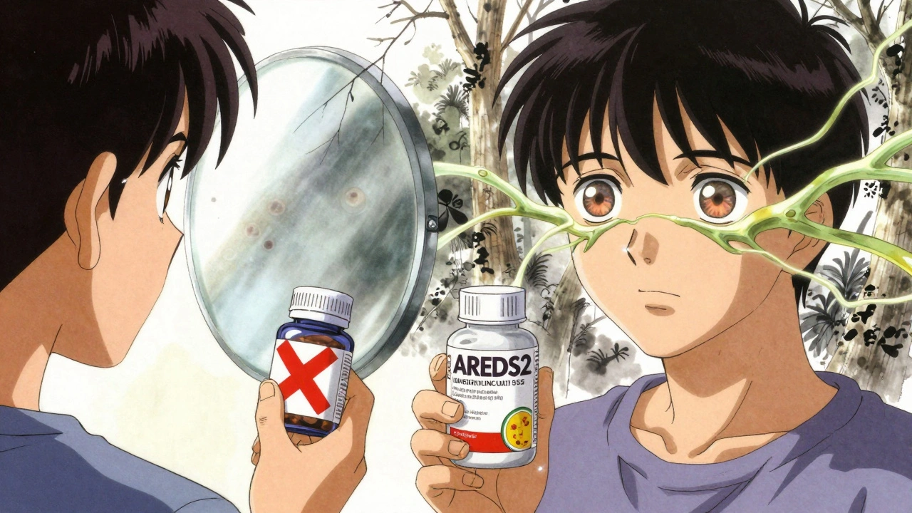 Split scene: left person with early AMD ignores supplement, right person with intermediate AMD gains protective glow.