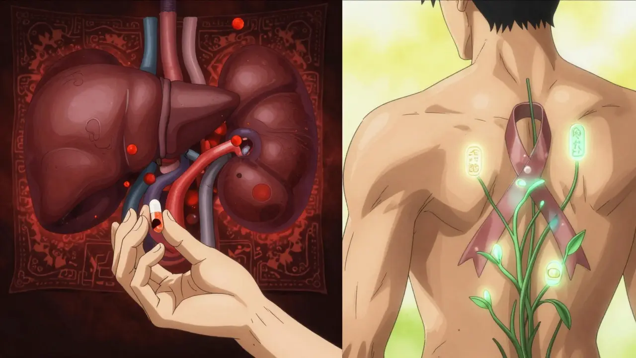 Split scene: oral pill dissolving into toxins vs. topical gel releasing gentle medicinal vines under skin.