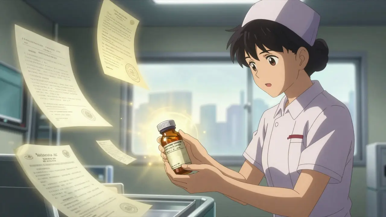 Traveler handing original medication bottle to nurse in foreign ER, floating documents glowing softly in golden emergency light.