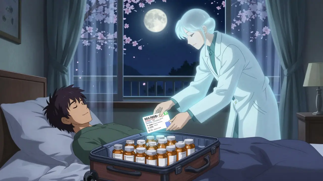 Traveler sleeping peacefully with labeled meds in suitcase, doctor's spectral figure placing a glowing prescription under moonlight.