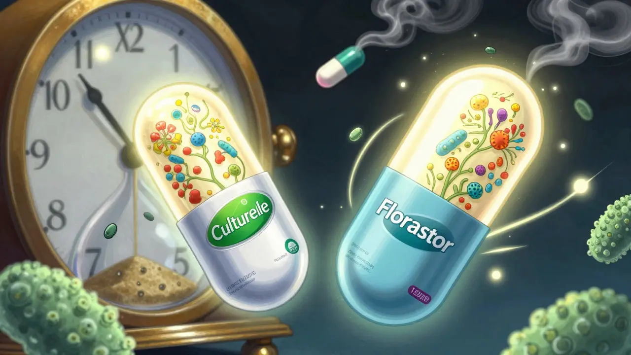 Two probiotic capsules emitting radiant filaments into floral microbial patterns, with a dissolving antibiotic pill in the background.