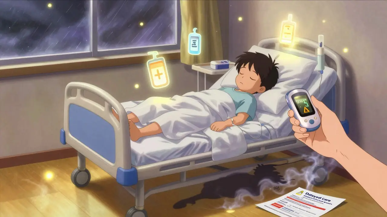 A child sleeps in hospital as floating glucose and insulin symbols glow softly, with a CGM alert glowing nearby.