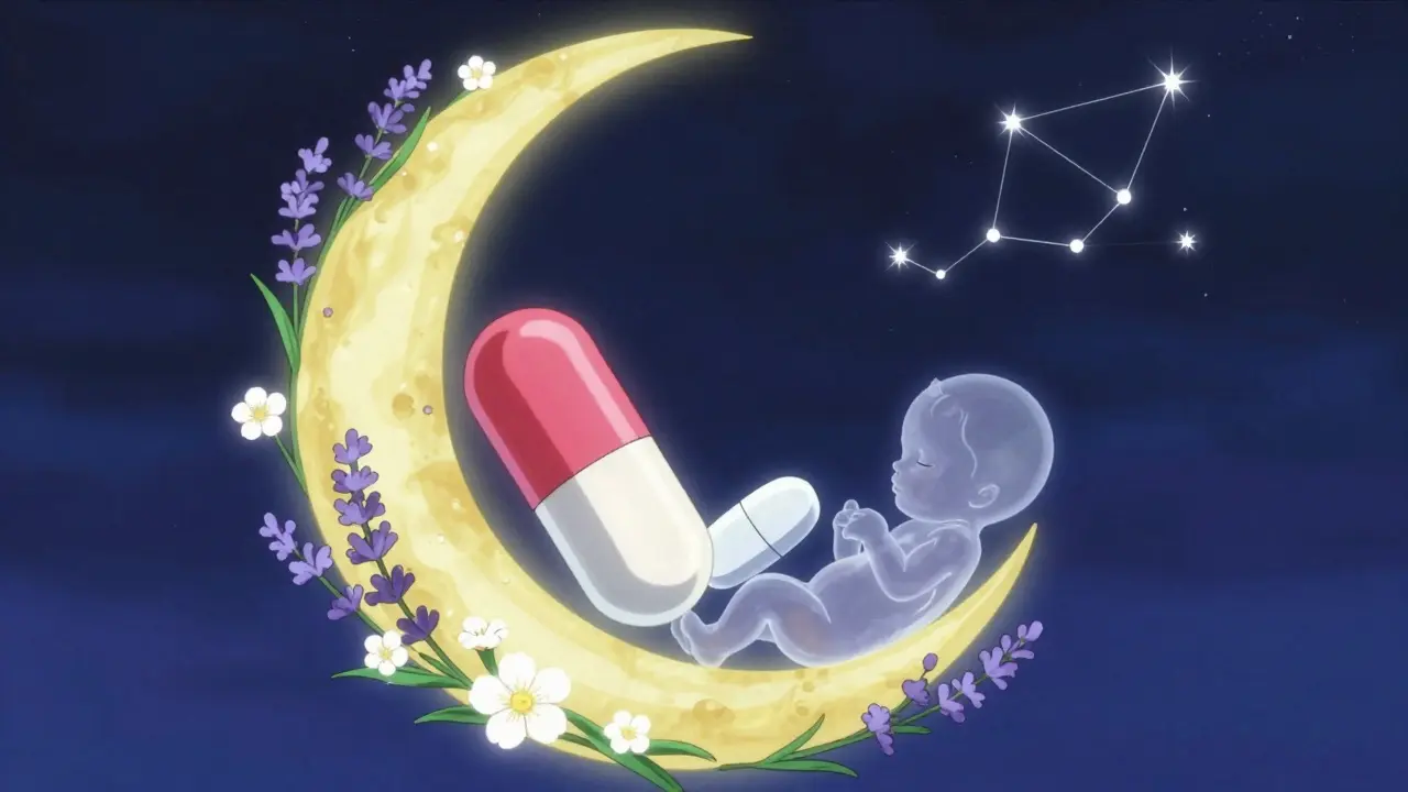 A crescent moon cradles vitamin B6 and doxylamine with a fetal silhouette inside, surrounded by blooming vines.