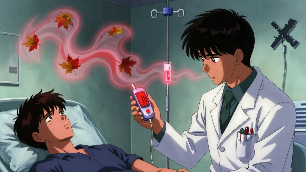 A doctor holds a blood ketone meter in an ER, with deep breathing visualized as swirling leaves.