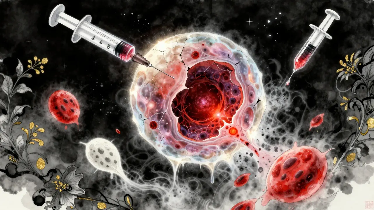 A dying bone marrow galaxy with dissolving blood cells, floating in a starlit lab, rendered in Amano's watercolor and gold leaf style.