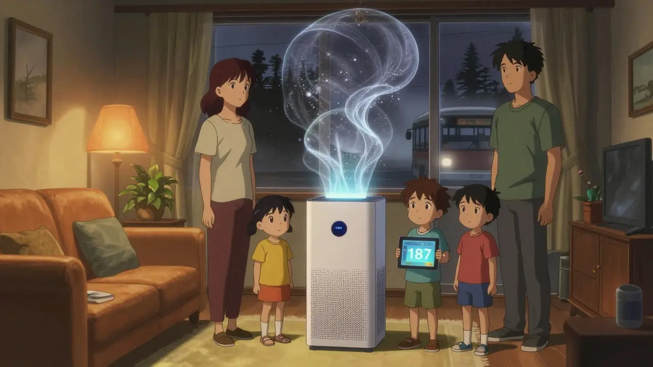 A family in a warm room watches clean air flow from a purifier as dirty city air fades outside.