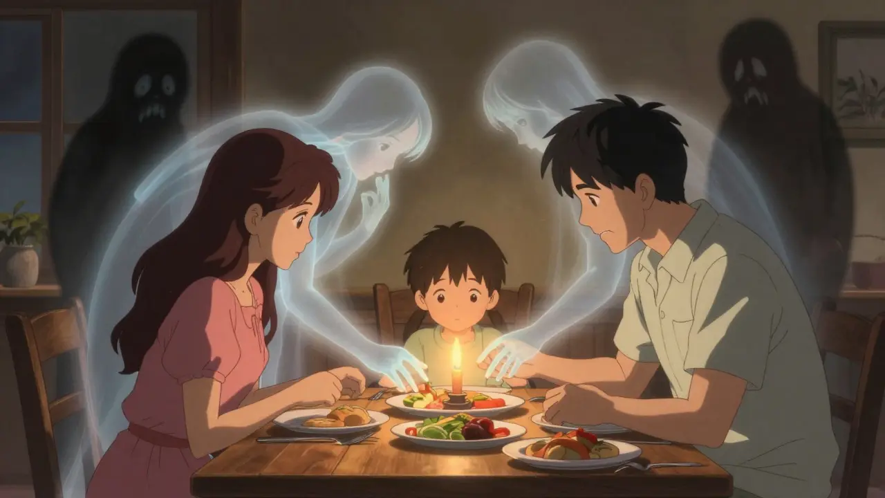 A family shares a candlelit meal as glowing hands gently guide a child’s hand toward food, while shadows of fear fade away.