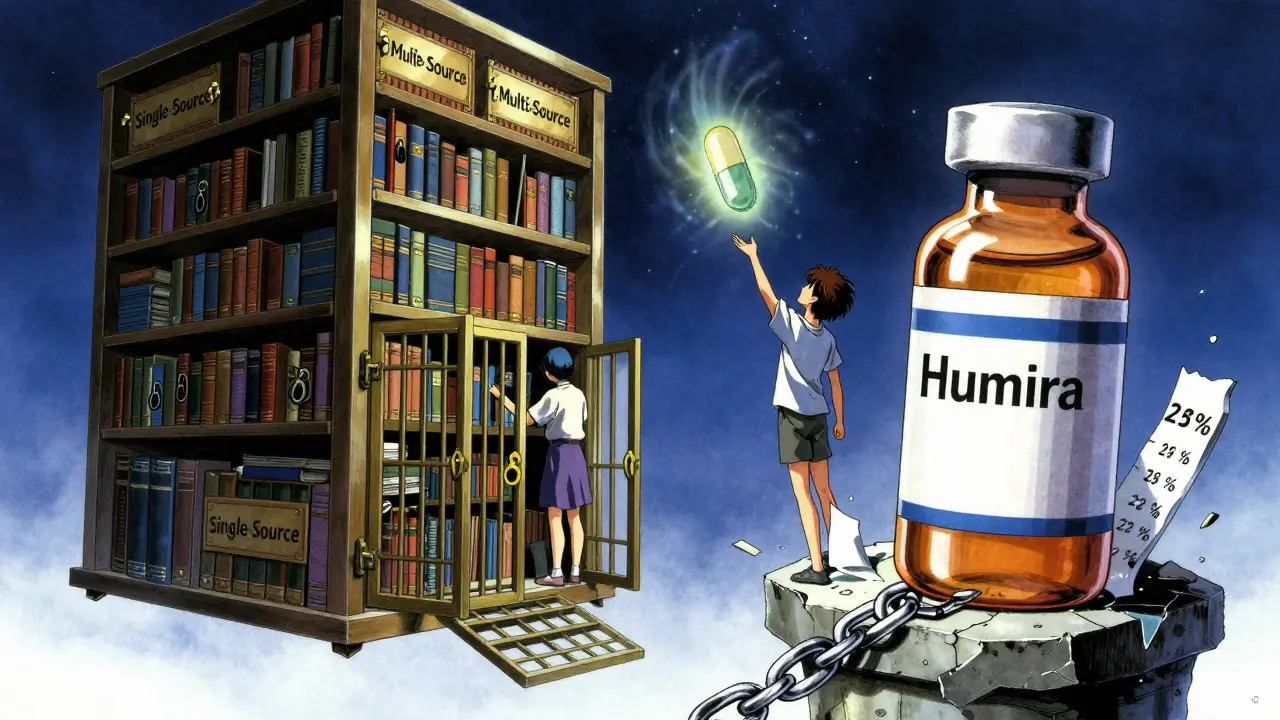 A floating medical library with locked single-source books and open generic gates, under a starry sky in Amano's watercolor aesthetic.