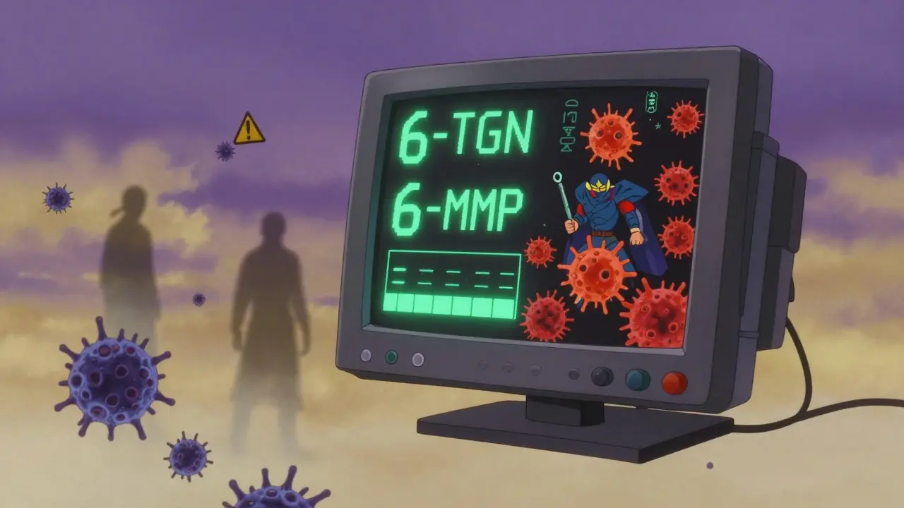 A floating medical monitor showing metabolite levels as glowing numbers, with neutrophils dissolving and regenerating around it.