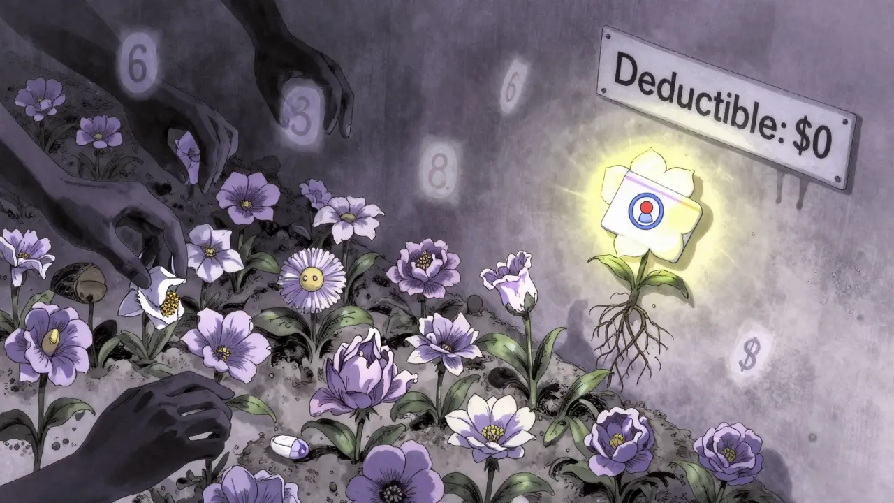 A fragile garden of medication months wilts under invisible financial walls, with one glowing flower remaining.