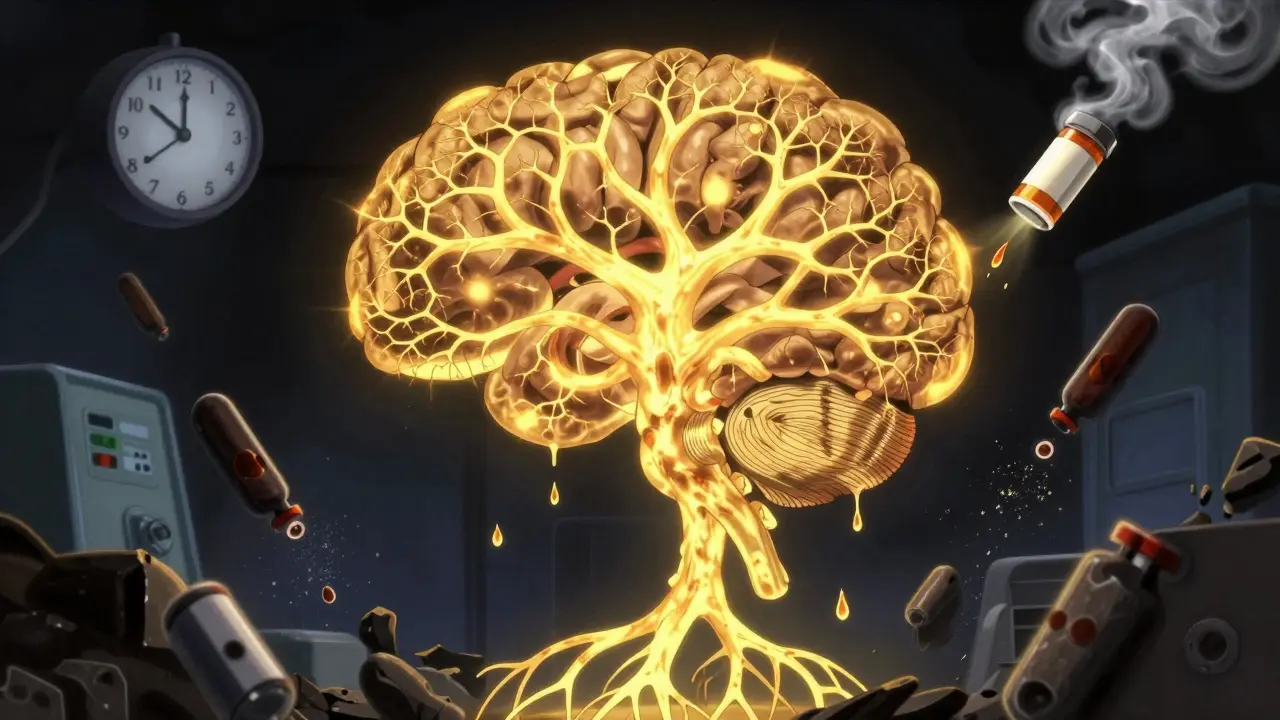 A glowing spinal cord tree draining iron light into the brain, with crumbling dopamine transporters and a midnight clock.