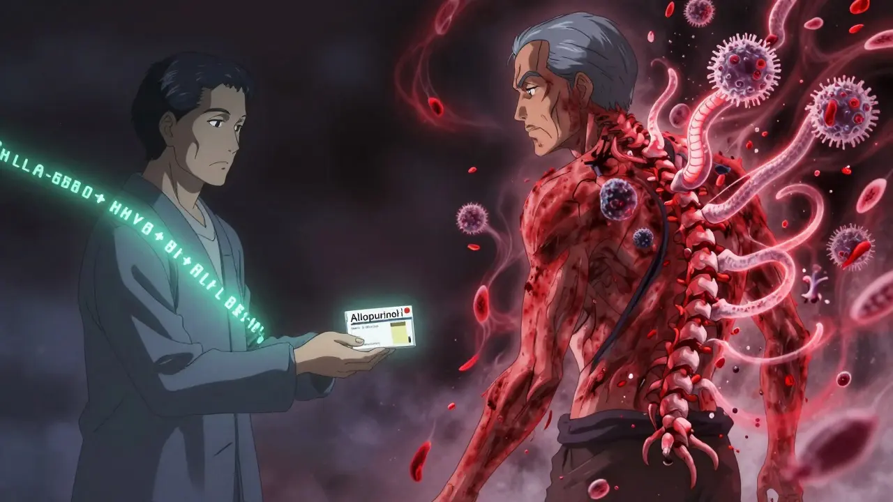 A man receives allopurinol while a hidden gene glows, later transforming into a storm of rashes and viral serpents.