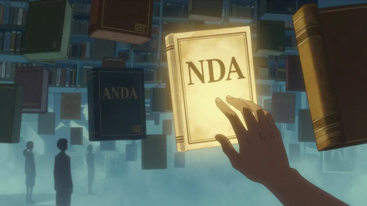 A mystical library of pharmaceutical books, with one glowing volume labeled 'NDA' radiating golden light.
