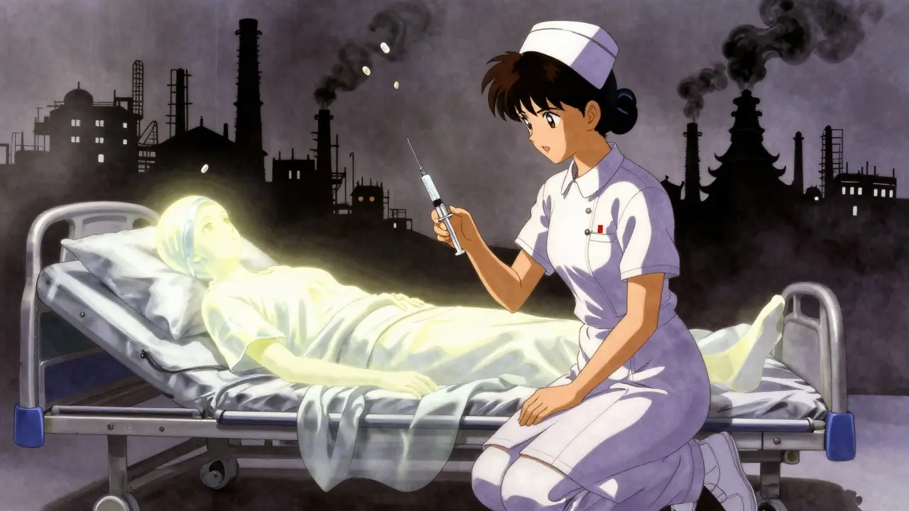 A nurse holding an empty syringe beside a fading patient, with shadowy overseas factories looming in the background.