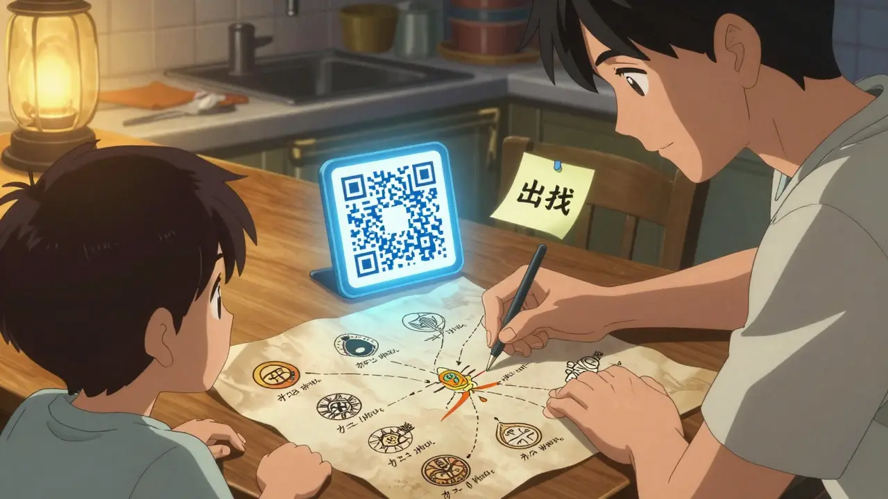 A parent and child review a hand-drawn medication map with ornate sigils under warm lantern light.