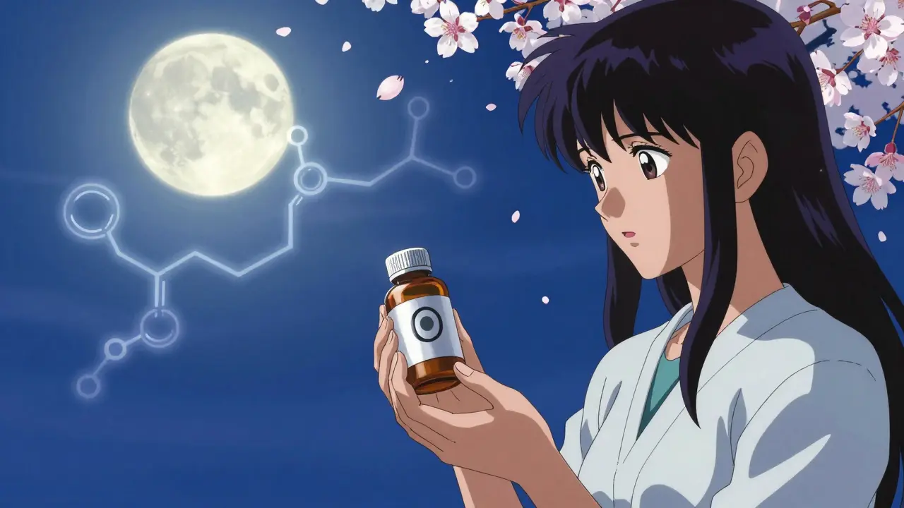 A patient holding two pill bottles under moonlight, with a shimmering molecular structure and falling cherry blossoms.