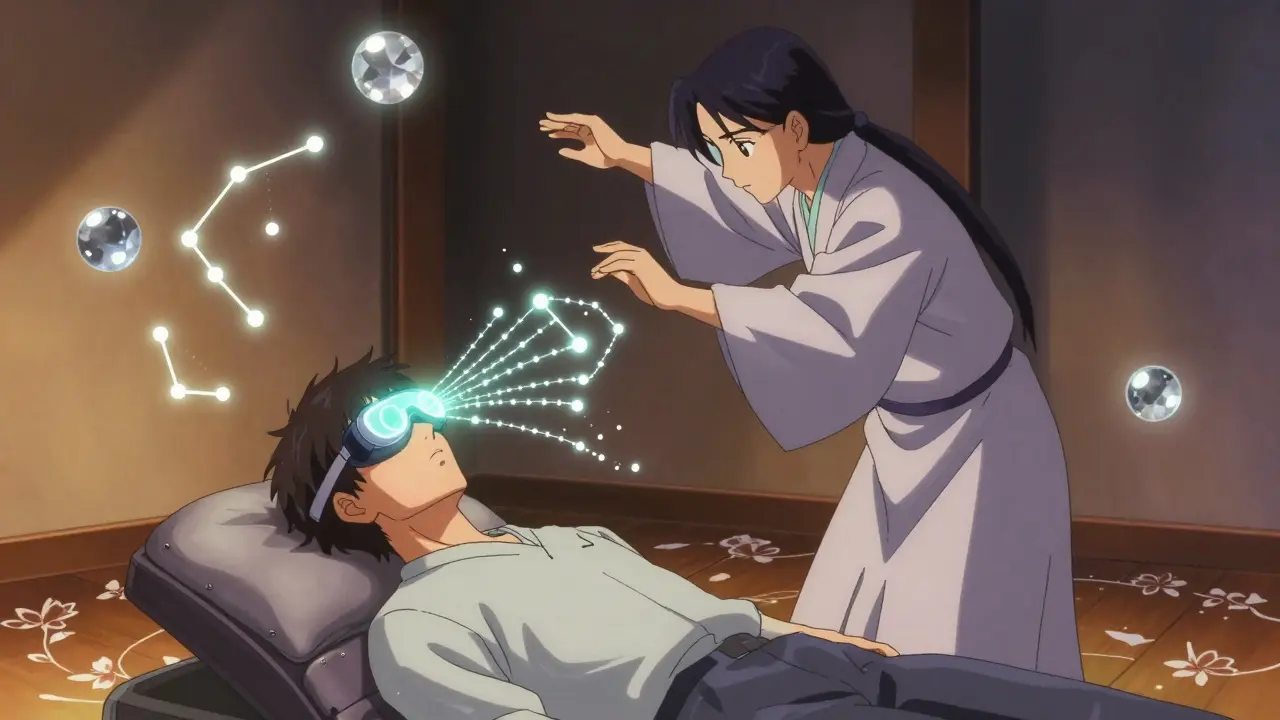 A patient in glowing goggles traces neural pathways in a serene therapy room, guided by a robed mentor.