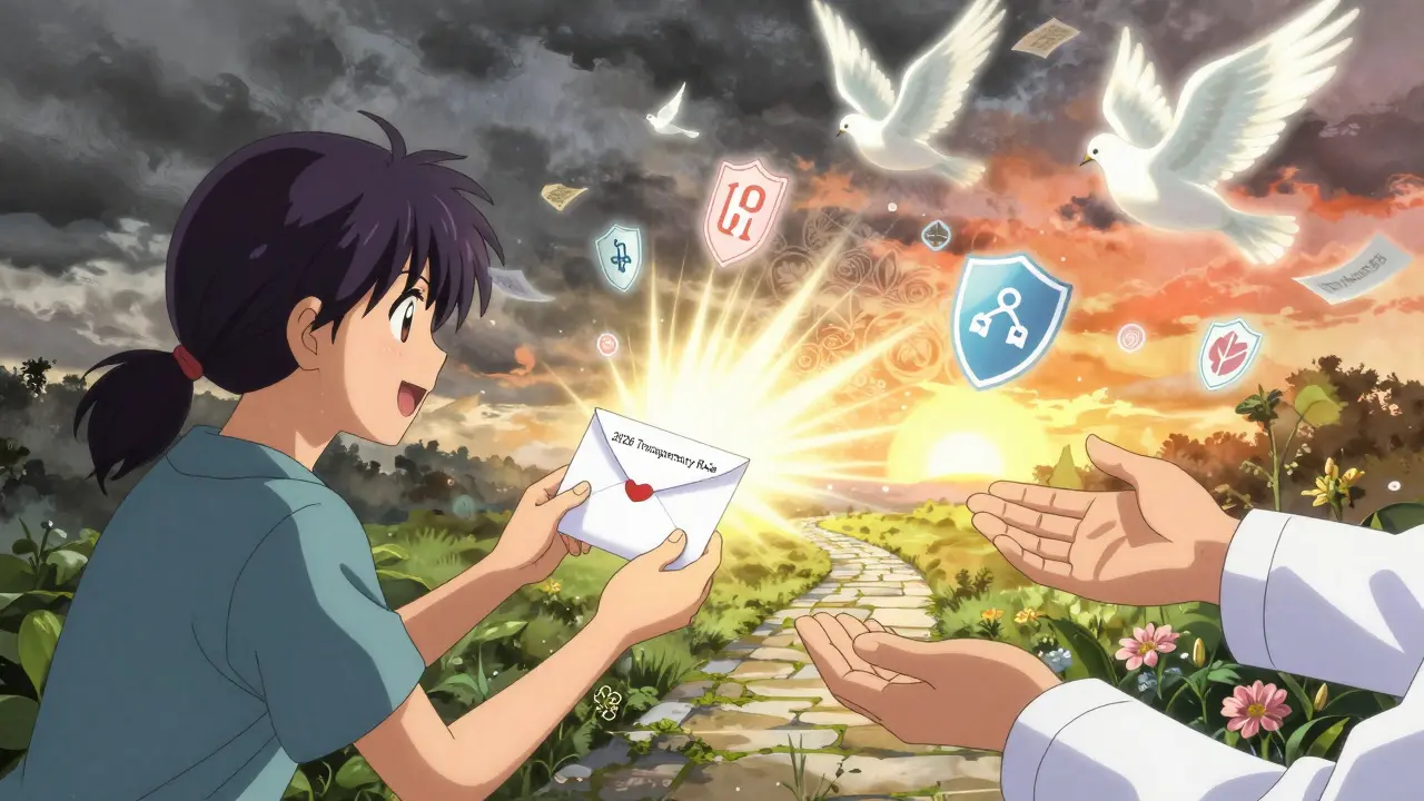 A patient opens a 2026 transparency letter as light reveals support programs and hopeful symbols.