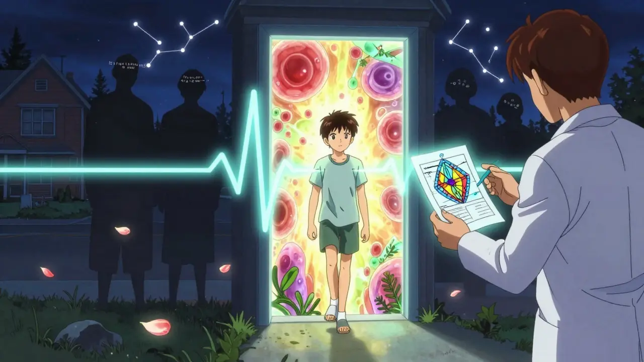 A patient stepping from illness into healing light, with a hematologist reaching out, surrounded by glowing blood cells and healing petals.