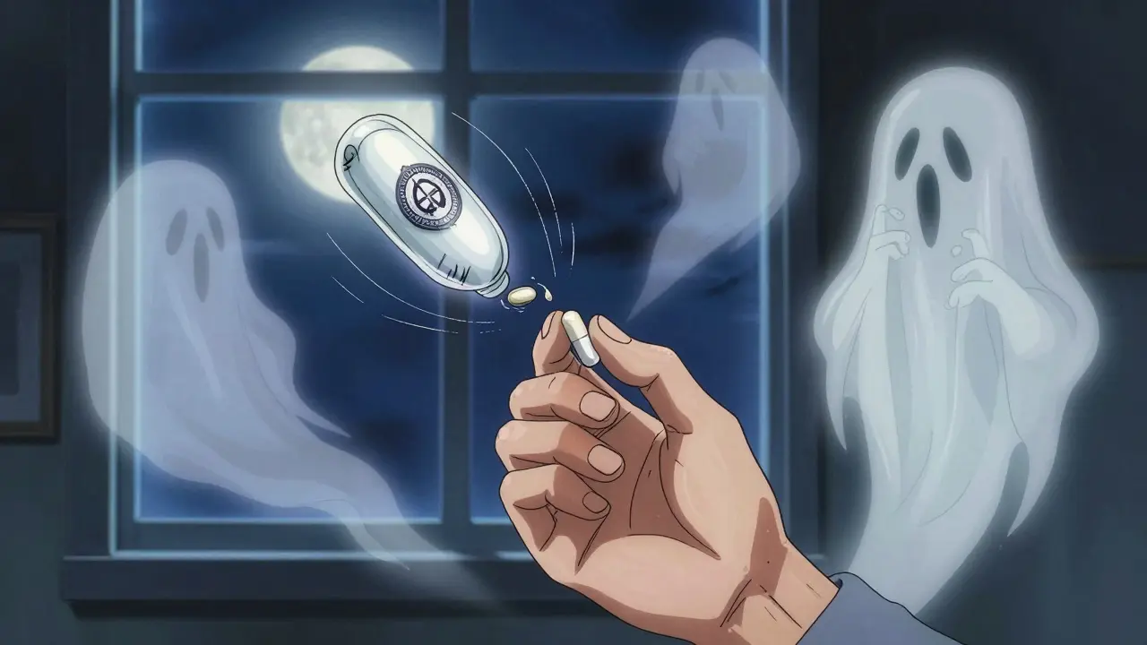 A person holding a pill as ghostly drug versions float around them, showing invisible ingredient differences.