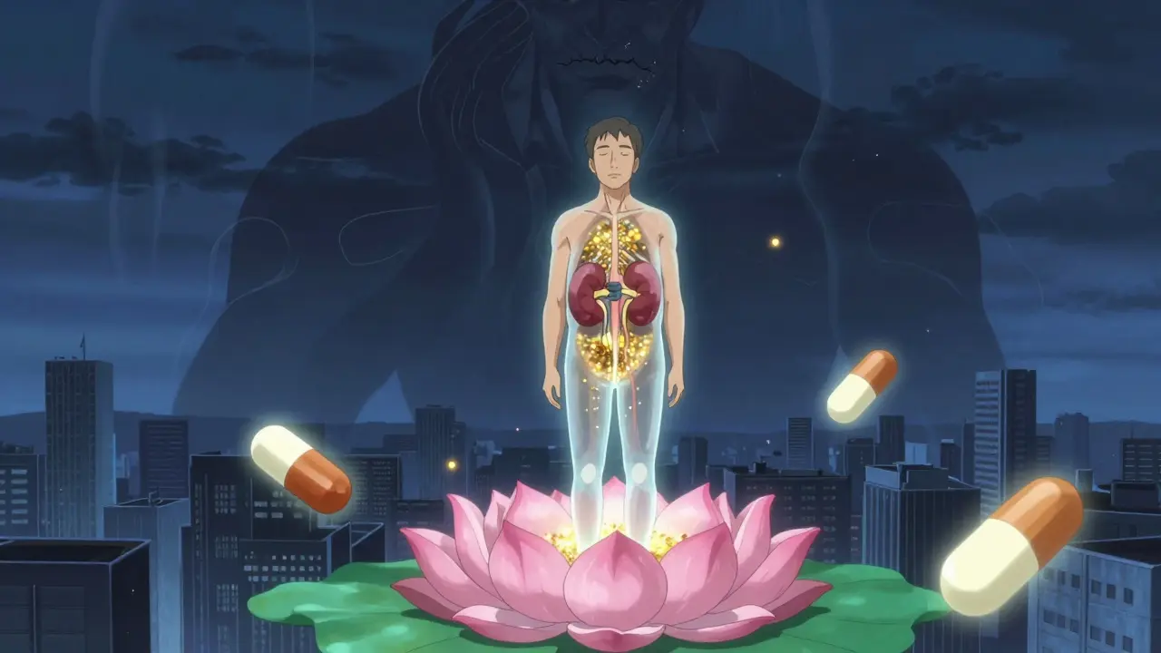 A person on a lotus platform with translucent organs, filtering sugar while dehydration looms in shadow.